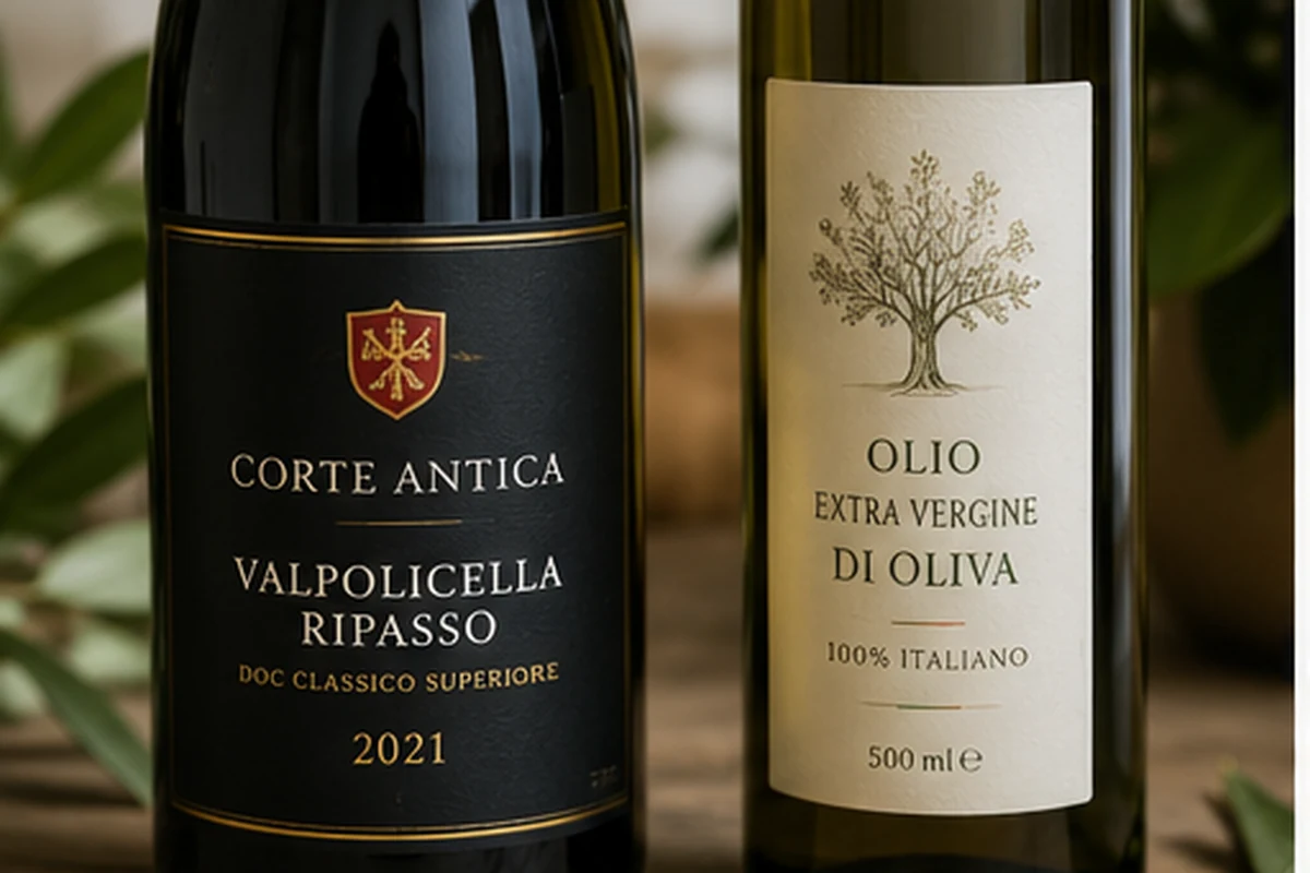 Etichette personalizzate applicate su bottiglie di vino e olio