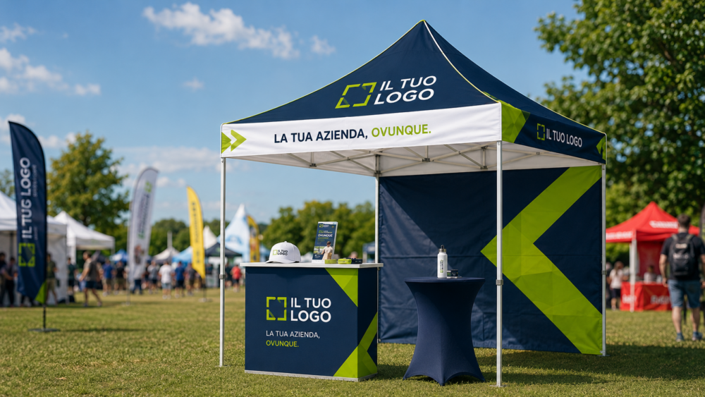 Gazebo personalizzato con logo aziendale allestito all’aperto per eventi, fiere, manifestazioni e attività promozionali.