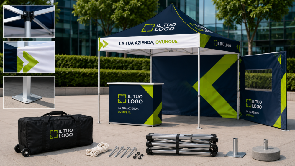 Gazebo Steel Tent personalizzato con copertura stampata, pareti laterali, borsa con ruote, picchetti, corde e basi per il montaggio.