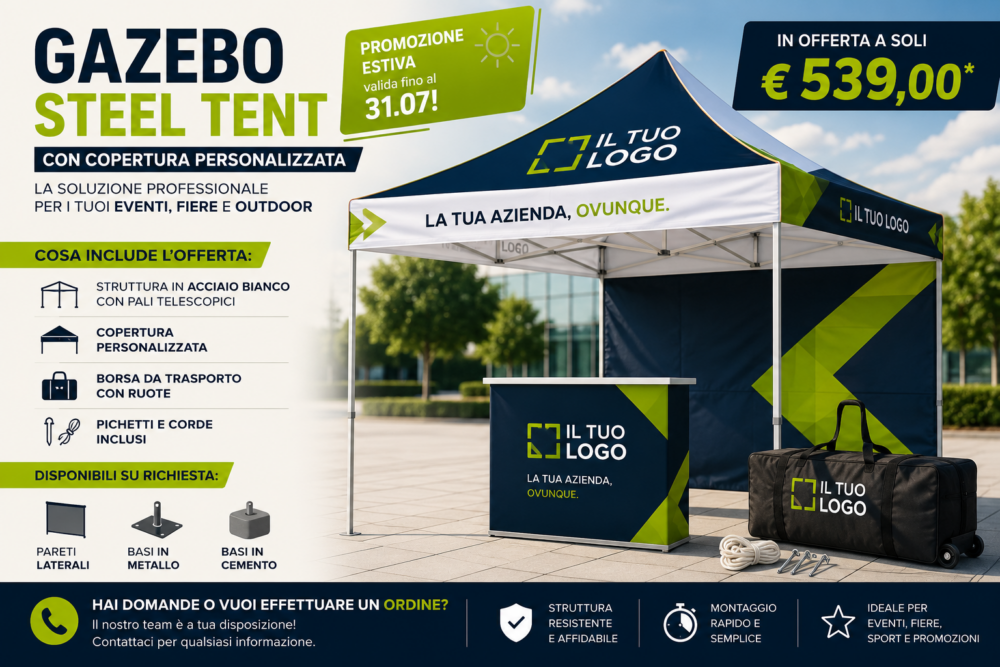 Gazebo Steel Tent personalizzato con logo aziendale, copertura stampata, struttura in acciaio, borsa da trasporto e accessori per eventi, fiere e attività outdoor.